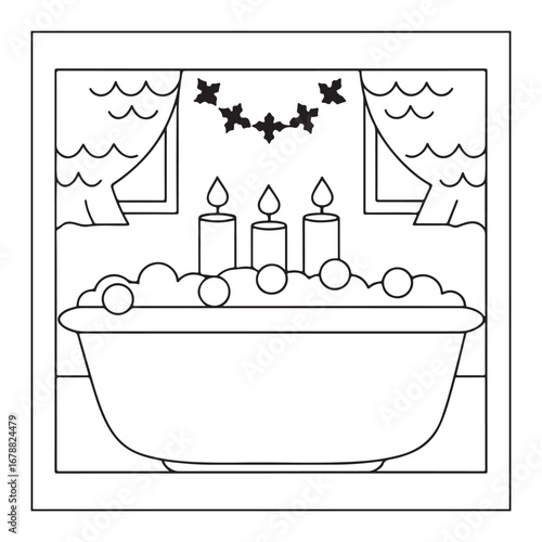Bathtub with three lit candles and bubbles outline drawing foam