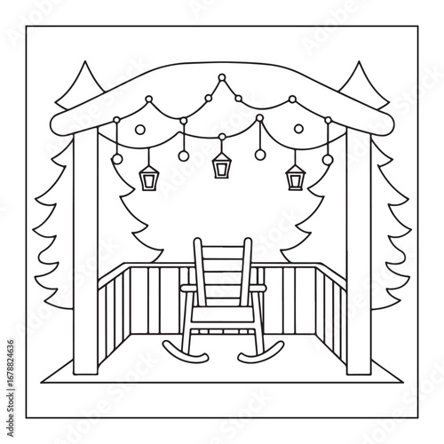 Rustic Porch Scene with Rocking Chair and String Lights Illustration lanterns trees