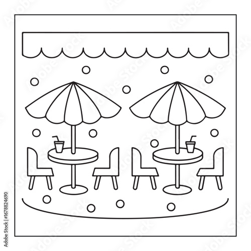 Outdoor Cafe Scene with Umbrellas and Drinks in Outline Style seating tables