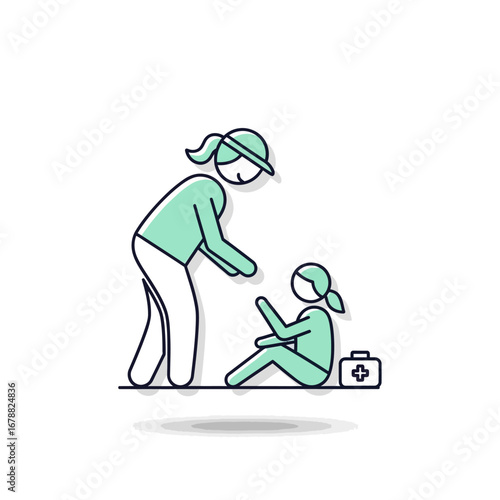 A stick figure illustration showing an adult providing first aid or comfort to a child sitting on the ground next to a first aid kit.