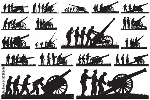 Soldiers operating artillery in silhouette cannon military 2