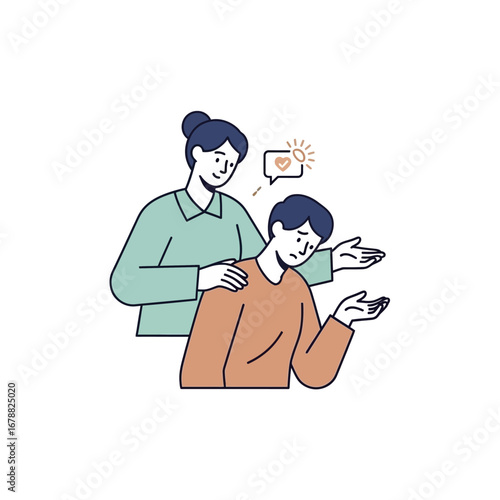 A woman gently comforts a sad man, offering emotional support and understanding during a difficult time, depicted in a simple line art style.