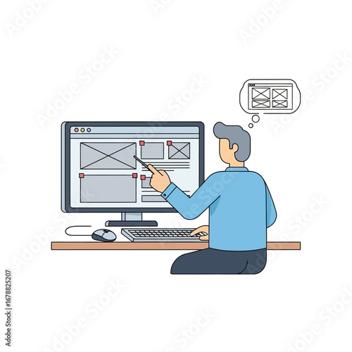 A person designing a website user interface on a desktop computer, illustrating web development and UX design concepts.
