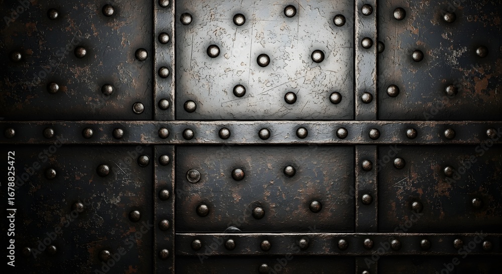 Fototapeta premium Grungy dark metal background with riveted plates and distressed texture, showcasing industrial strength and aged metallic surface.