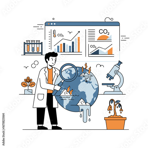 Scientist analyzing global climate change and environmental degradation with scientific instruments and data.
