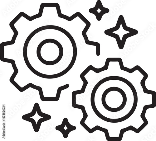 Two interconnected gears with sparkling stars symbolizing innovation and success