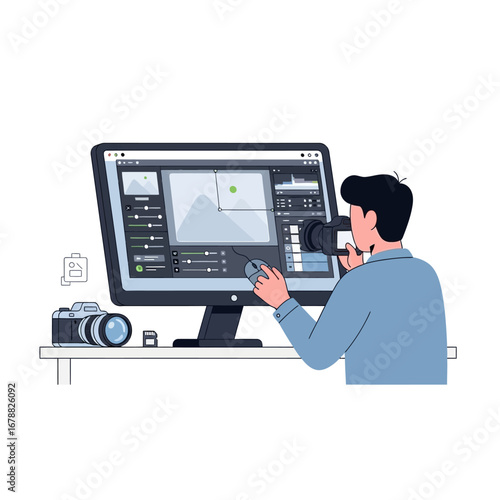 Creative professional graphic designer or photographer sitting at a desk, editing a digital image with professional software on a computer