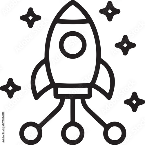 Hand drawn rocket ship launching into starry space with connected lines