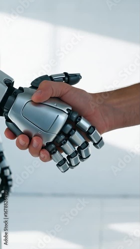 Poignée de main futuriste entre humain et robot.