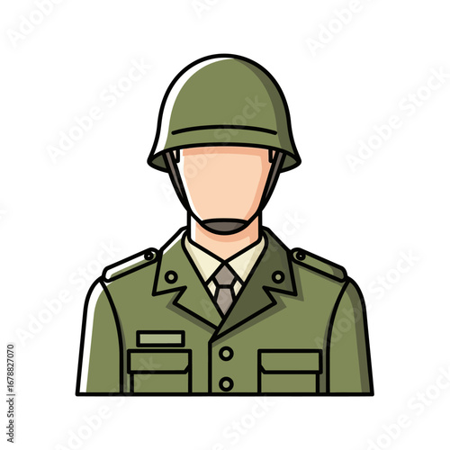 Illustration of a soldier in a green military uniform and helmet, depicted from the chest up with a generic face.
