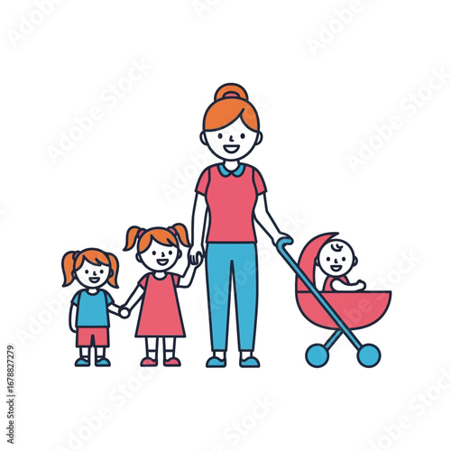 A happy mother with her three children, including two girls holding hands and a baby in a stroller, depicted in a colorful illustration.