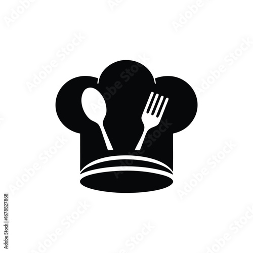 Chef Hat with Spoon and Fork Silhouette on White Background Culinary Icon