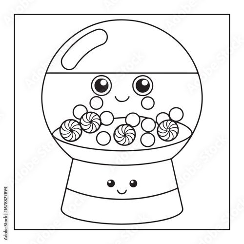 Cute cartoon gumball machine filled with candies and a smiling face in outline style candy sweets