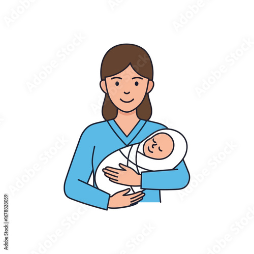 A gentle mother cradling her sleeping newborn baby. Simple line art vector illustration of family, love, and parenthood