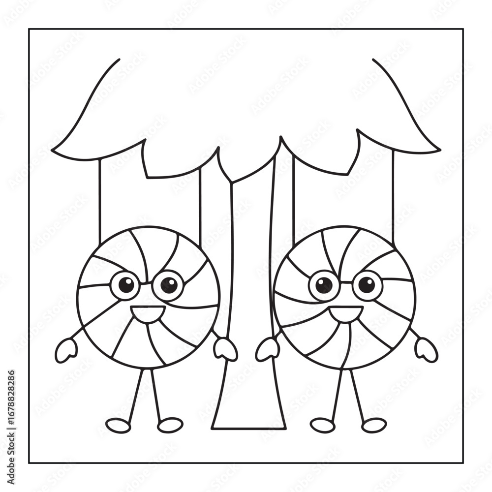 Obraz premium Two Round Swirl Lollipops with Faces Hanging from a Canopy candy sweet