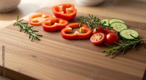 Colorful Fresh Vegetables on Wooden Cutting Board.