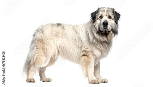 Great pyrenees standing attentively with fluffy white fur on a plain background
