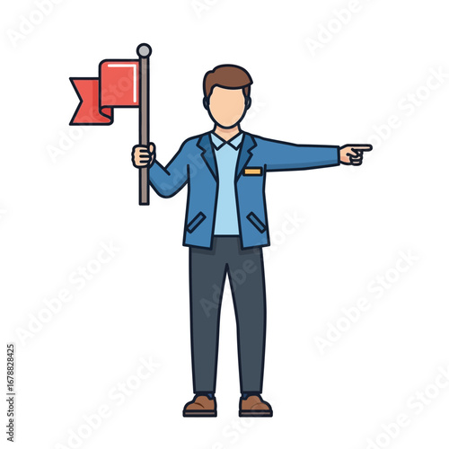 A cartoon illustration of a male guide holding a red flag and pointing to the right, indicating direction.