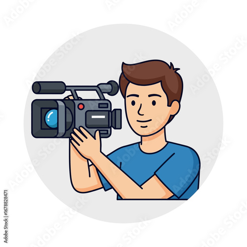 Cartoon illustration of a smiling man operating a professional video camera, depicted in a round frame.