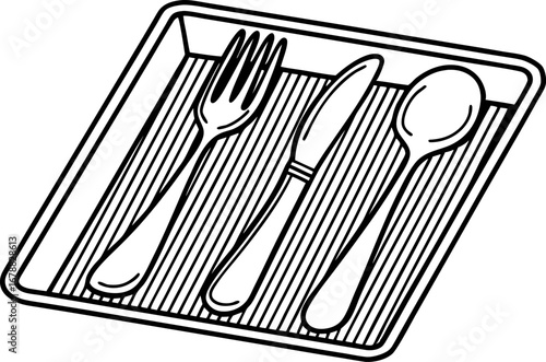 Utensil tray with fork, knife, and spoon organized in compartment kitchen drawer cutlery arrangement illustration