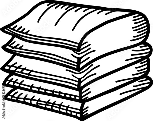 Folded towels illustration stack of soft linen, fluffy bath fabric, hand drawn doodle outline for cleanliness and hygiene concepts