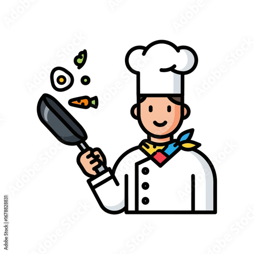 Cartoon illustration of a smiling chef in a white hat and jacket, tossing food in a frying pan, depicting cooking and culinary arts.