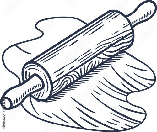 Wooden rolling pin with dough baking preparation tool and pastry sheet, hand drawn illustration