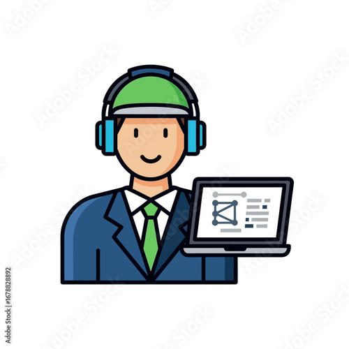 Cartoon illustration of a man in a suit, hard hat, and headphones holding a laptop with a data visualization.