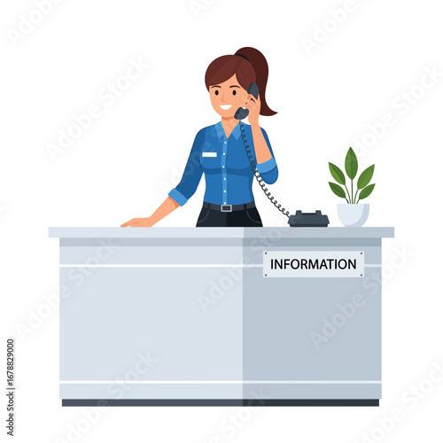 Friendly female receptionist at an information desk talking on a landline phone with a small plant on the counter.