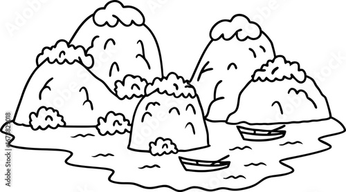 mountains and boats on lake simple outline landscape, hills with greenery, calm water, children's coloring page