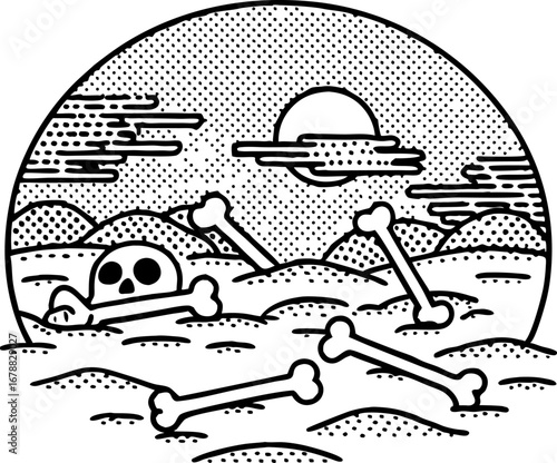 Desolate skull and bones in barren landscape under moon night, eerie scene, death, decay, dark illustration