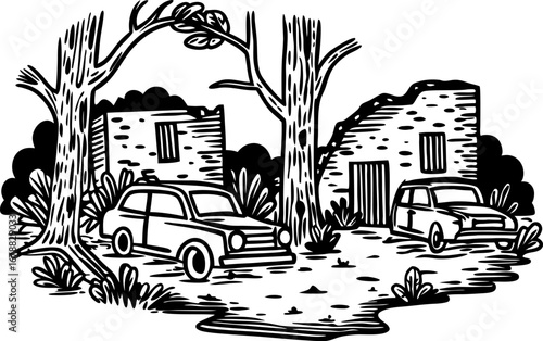 Abandoned cars and old ruined buildings in deserted forest setting overgrown vegetation and decay, vintage scene