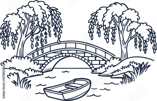 Wooden rowboat on calm river near arched stone bridge and willow trees tranquil nature scene, relaxing landscape