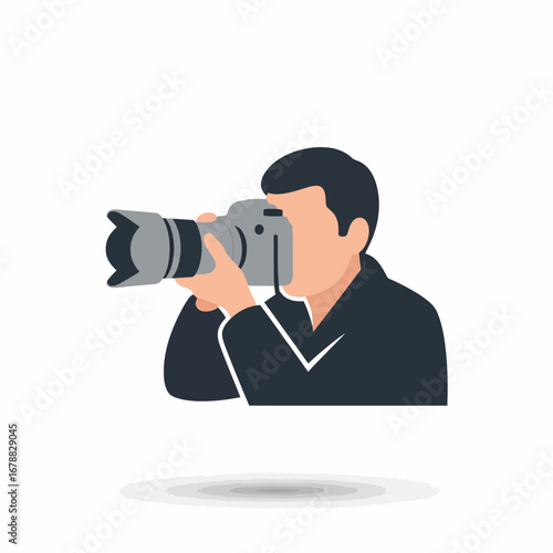 Dynamic flat vector icon of a skilled photographer capturing a moment with a professional camera, symbolizing the art and passion of visual storytelling and media creation
