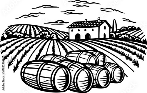 Rustic vineyard landscape with barrels, farmhouse and fields countryside agriculture, rural harvest scene