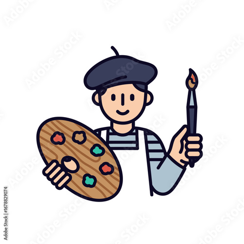 Cartoon illustration of an artist wearing a beret, holding a paint palette and a brush, ready to create art.