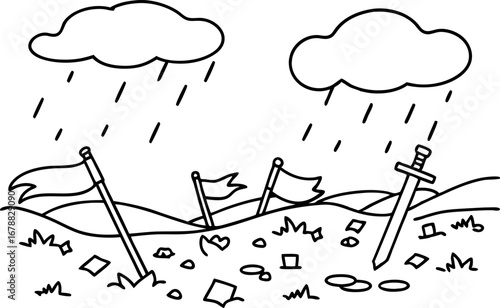 Rainy battlefield landscape with fallen sword and flags war aftermath, destruction, somber scene, dramatic weather