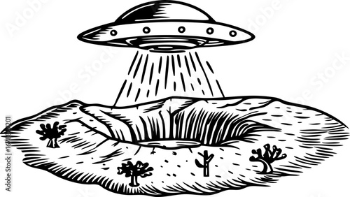 Ufo hovering above desert crater with light beam alien spaceship encounter, mysterious extraterrestrial landscape