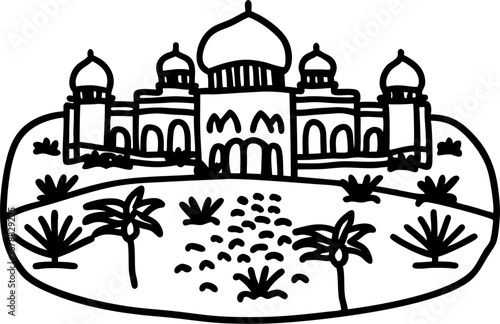 Oriental palace with domes and arched windows exotic architecture, desert oasis with palm trees, garden landscape