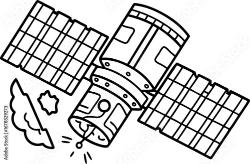 Damaged satellite in space broken communication spacecraft with cracked panels, emitting signal, floating debris, malfunction concept