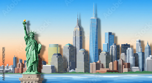 A detailed, horizontal illustration of the NYC skyline featuring the Statue of Liberty and a cityscape with the Empire State Building and One World Trade Center