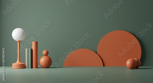 A staged, minimalist scene featuring geometric shapes and objects in terracotta, white, and muted green against a solid green backdrop.