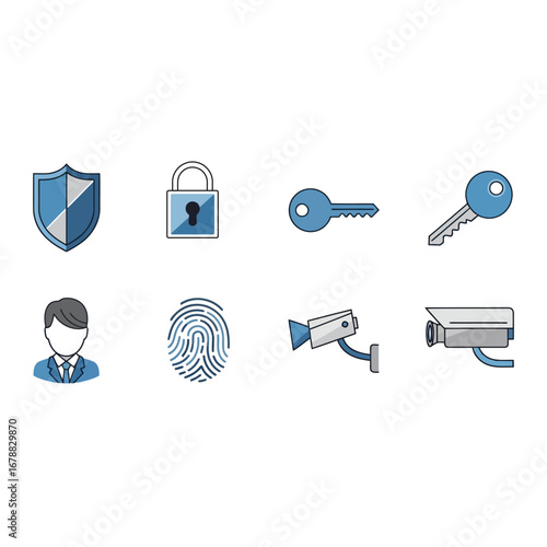 Vector art of security icons including shield, lock, key, fingerprint, and camera