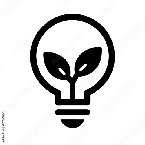 Minimalist black vector icon of an electric light bulb with leaves inside, symbolizing eco-friendly energy, sustainability, and green technology. Isolated on a transparent background