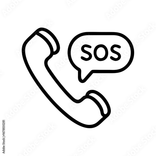 Minimalist black outline vector icon of a handset next to the inscription "SOS", symbolizing emergency, help, and urgent communication. Isolated on a transparent background