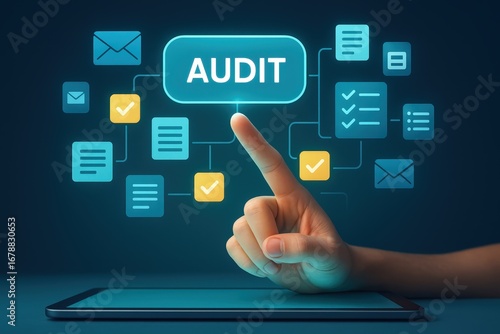 A hand points to a glowing, digital audit interface, connected by a network of information icons.