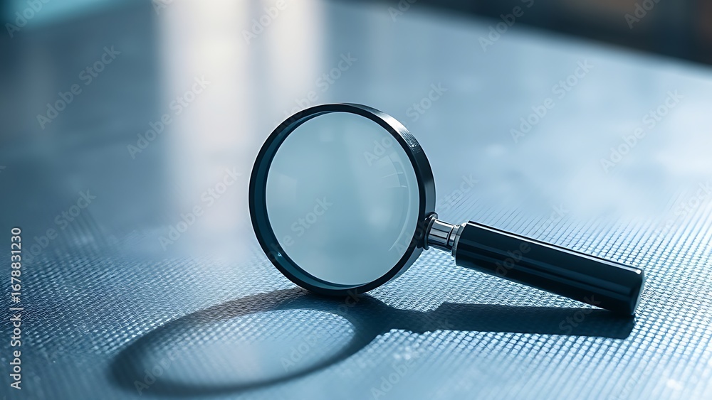 Fototapeta premium Magnifying glass on a textured surface highlights professional inspection under focused light.