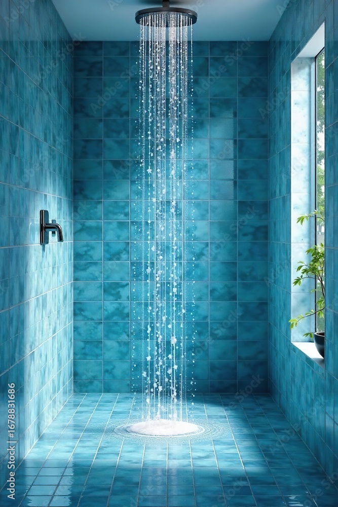 Obraz premium Relaxing shower scene with blue tiled walls and cascading water, creating a serene and tranquil atmosphere Perfect for spa, wellness, or bathroom product advertising , clean, cascading
