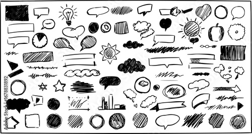 Doodle, sketch and scribble elements graphic box. Drawn mini sketches, drawings and various strokes, underlines and other scribbles. Sketches, doodles drawn with chalk, marker, pencil, crayons. Vector