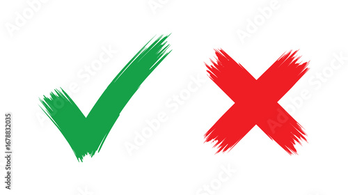 Green check mark and red cross mark isolated on white background, representing agreement and disagreement, or success and failure in a test or survey
